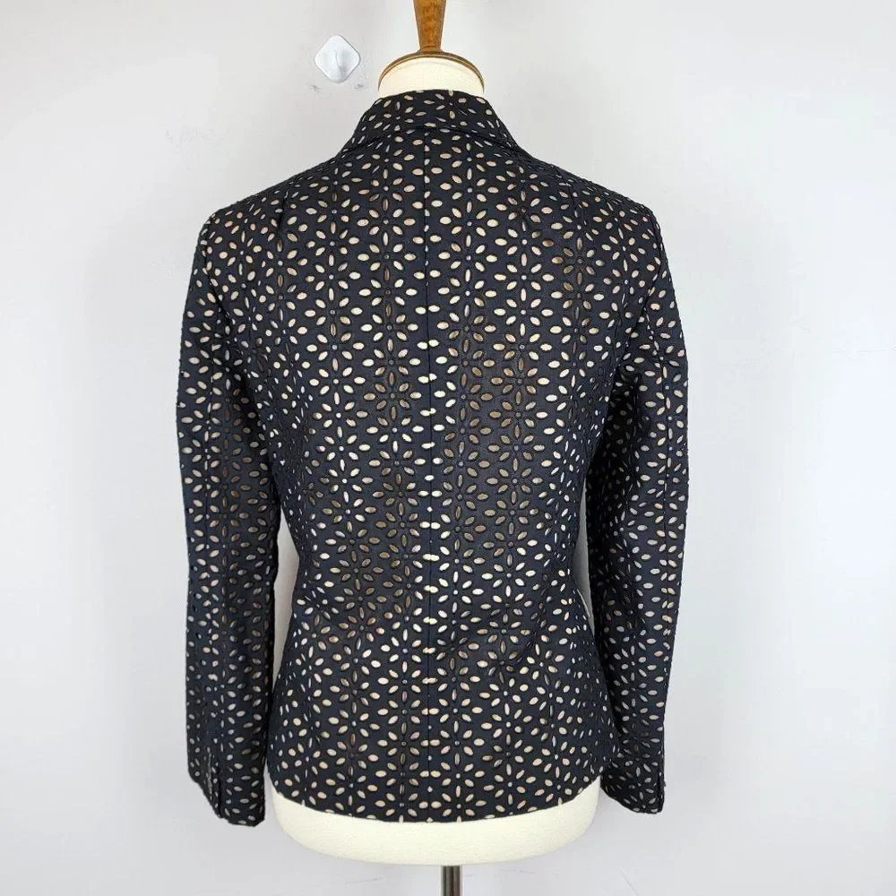 Michael Kors Made In Italy Black Caramel Cotton Silk Embroidered Cutout Blazer 6